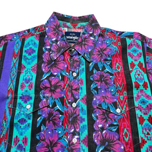 Vintage Wrangler Men Aztec Flower Short Sleeve Shirt Size Large Western Retro - Picture 2 of 10